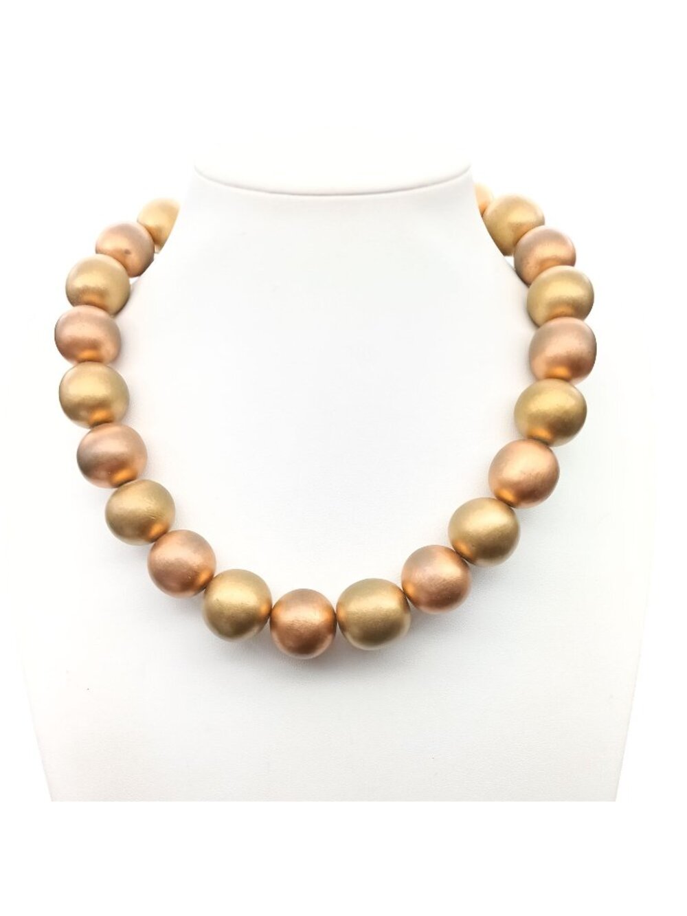 Gold-Tone Wood Beaded Vintage Necklace with Metallic Satin Finish and Hook Clasp